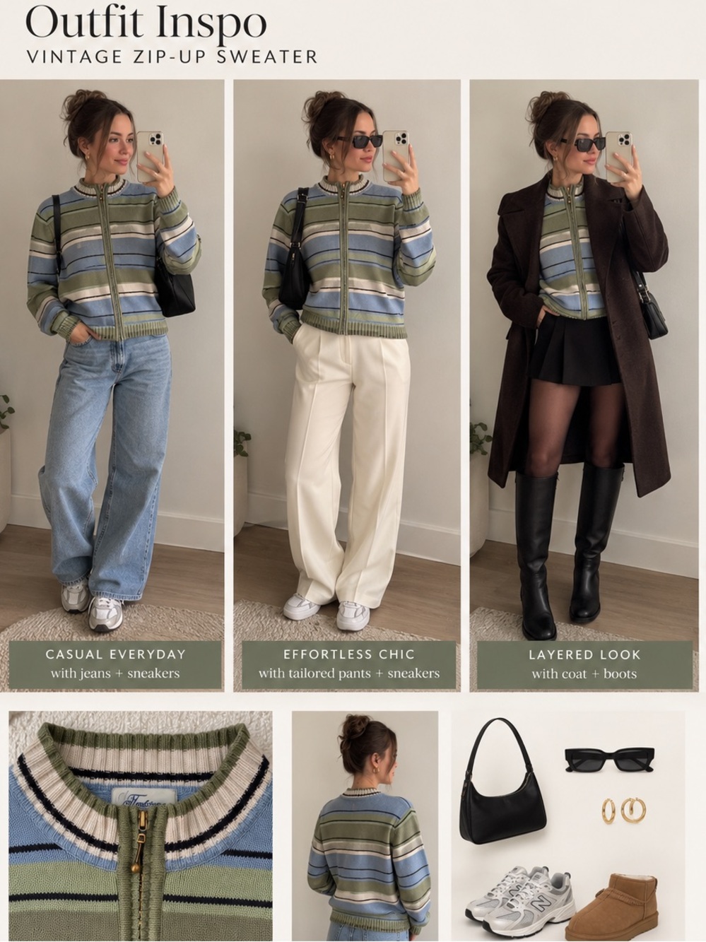 VINTAGE Striped Zip-Front Cotton Blend Cardigan - Size S